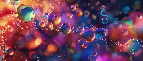 Illustrate a mesmerizing worms-eye view of a cluster of Fatty Acid droplets dancing in a vibrant, liquid rainbow splash, photo