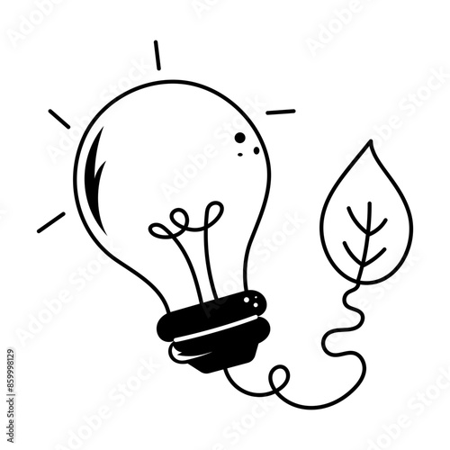 Lightbulb with a leaf denoting eco energy, doodle icon 