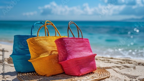 Colorful Beach Bags by the Seashore on a Sunny Day photo