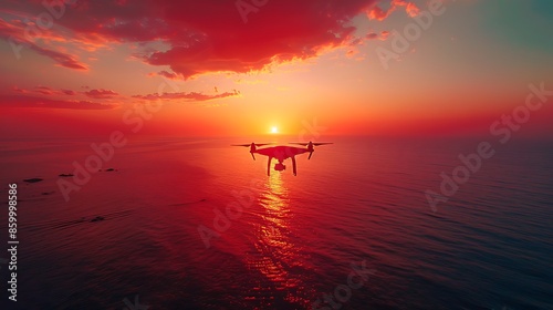 A drone in the sky at sunset, capturing the last rays of sunlight, with a backdrop of fiery colors.
