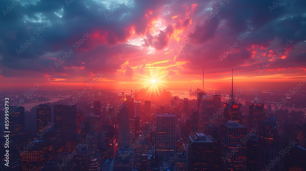 Fototapeta premium A drone view of a city at dusk, with skyscrapers, illuminated streets, and the last light of the sun creating a warm glow.