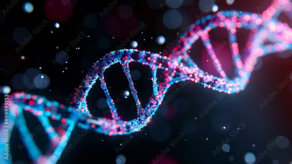 Dynamic DNA helix in vivid colors, glowing bokeh lights in the background, representing genetic science and molecular biology, intricate details and vibrant hues Dynamic DNA helix in vivid colors, glowing bokeh lights in the background, representing genetic science and molecular biology, intricate details and vibrant hues