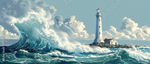 Illustrate a serene side view of a lighthouse standing tall against crashing waves Highlight its steadfast presence and importance for maritime safety, photo