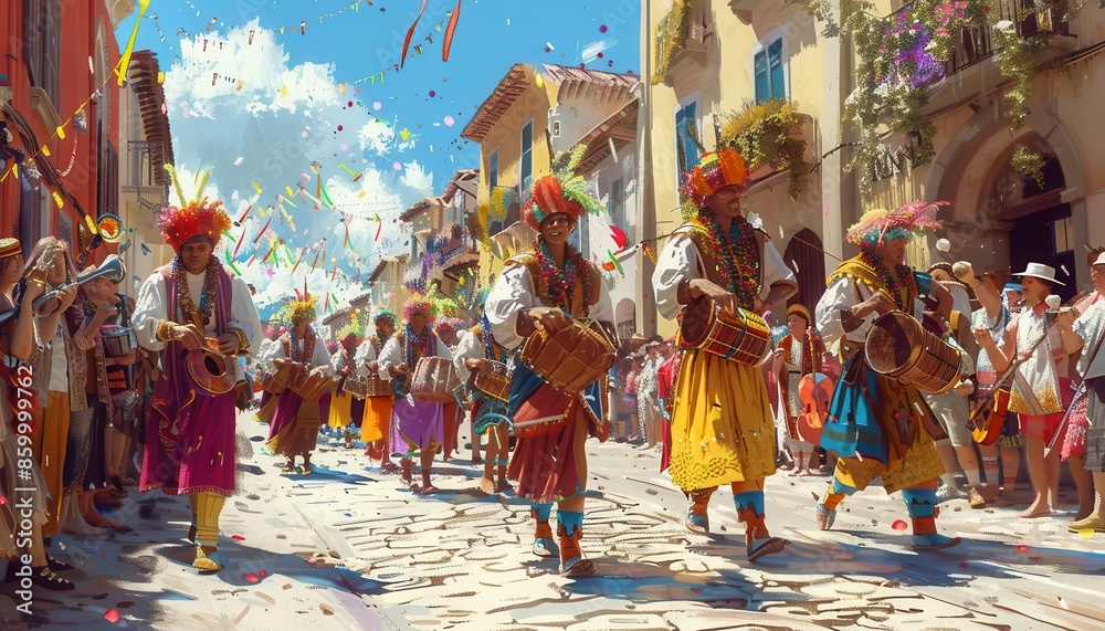Fototapeta premium A vibrant street parade with colorful costumes and musical instruments, celebrating in a lively town square under a sunny sky.