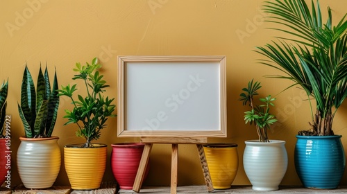 Decorative Potted Plants on a Wooden Table with a Blank Frame