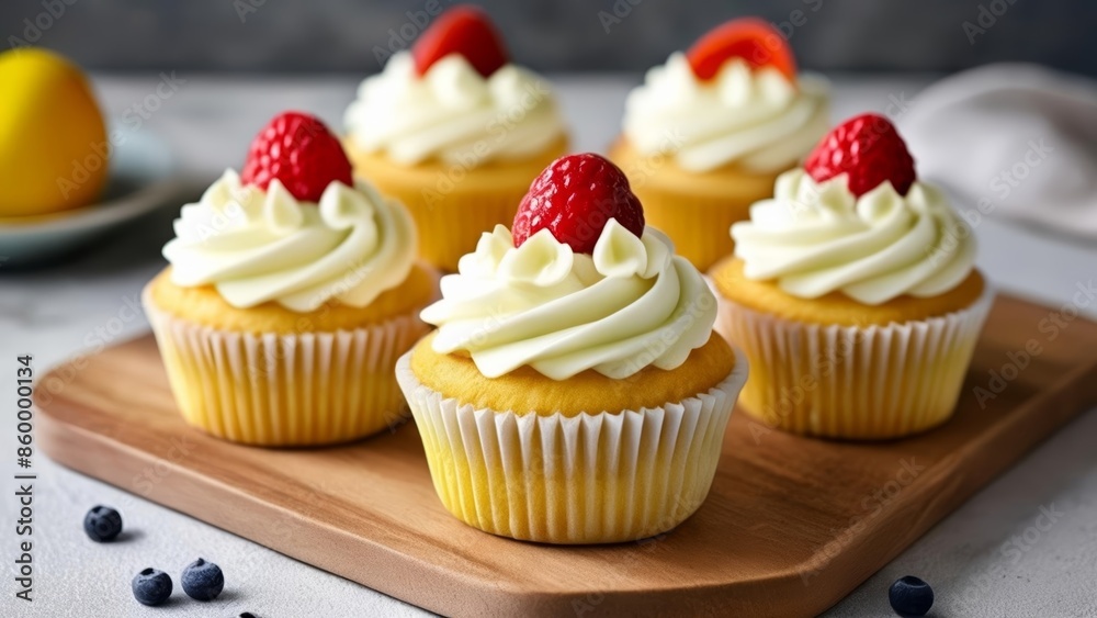 Sweet indulgence Cupcakes with white frosting and red berries Sweet indulgence Cupcakes with white frosting and red berries