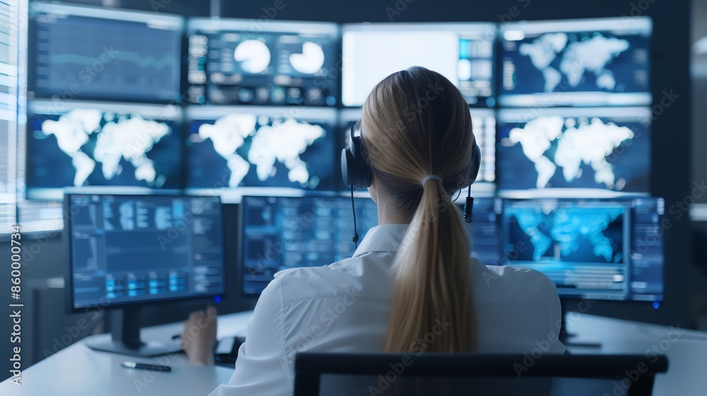 A woman with a headset monitors data on multiple screens in a control room, focusing on global information and analytics.
A woman with a headset monitors data on multiple screens in a control room, focusing on global information and analytics.