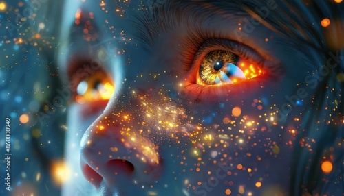 A child's face illuminated with vibrant lights, showcasing glowing eyes and mystical stardust for a magical effect.