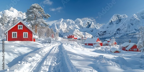 Snowy Mountain Village with Red Cottages photo