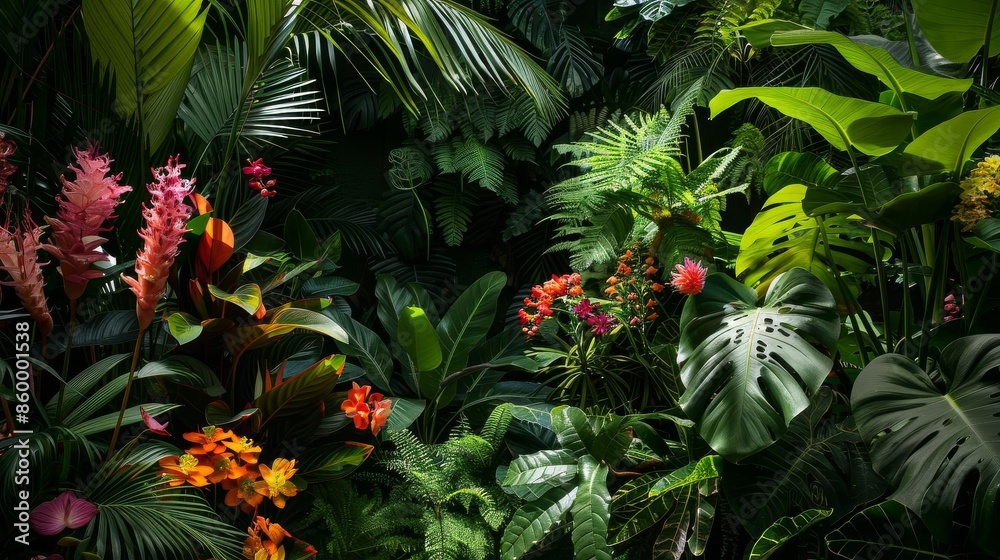 Jungle Photograph the dense, vibrant foliage of a jungle with diverse plant life and exotic flowers. Jungle Photograph the dense, vibrant foliage of a jungle with diverse plant life and exotic flowers.