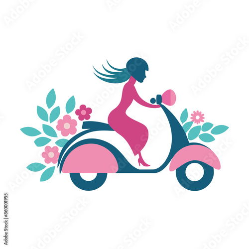 An illustration of a woman riding a pink scooter with floral decorations. The scooter is surrounded by flowers and leaves, and the woman is wearing a pink dress