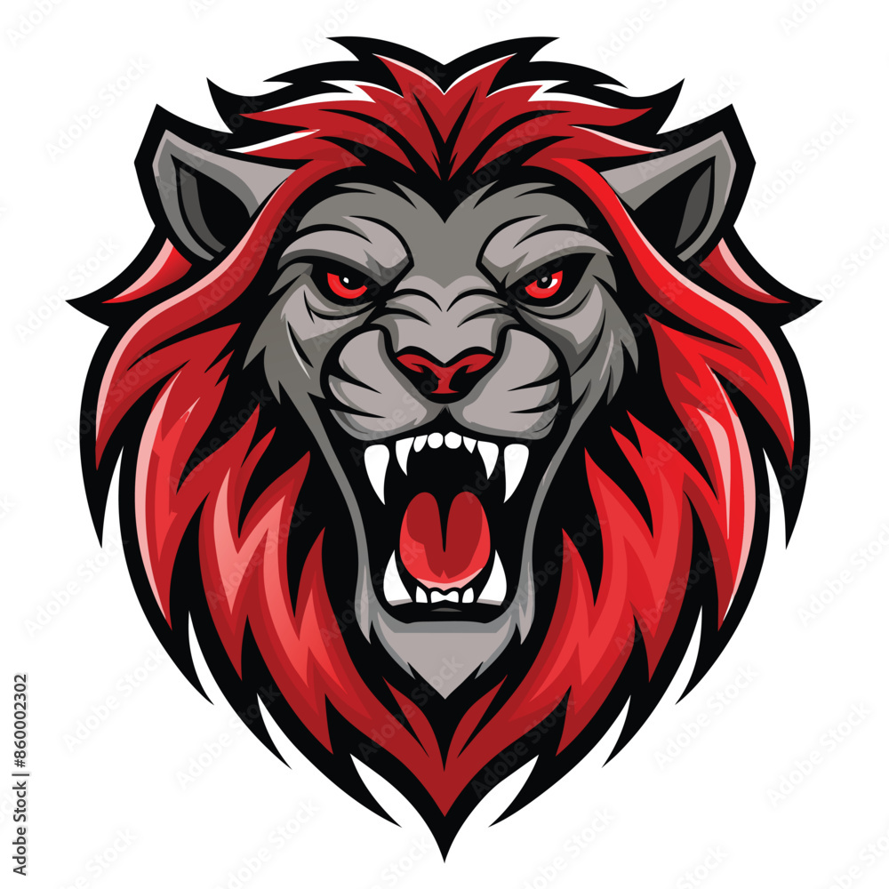 A powerful, stylized logo illustration of a lions face roaring with a red mane, isolated against a white background A powerful, stylized logo illustration of a lions face roaring with a red mane, isolated against a white background