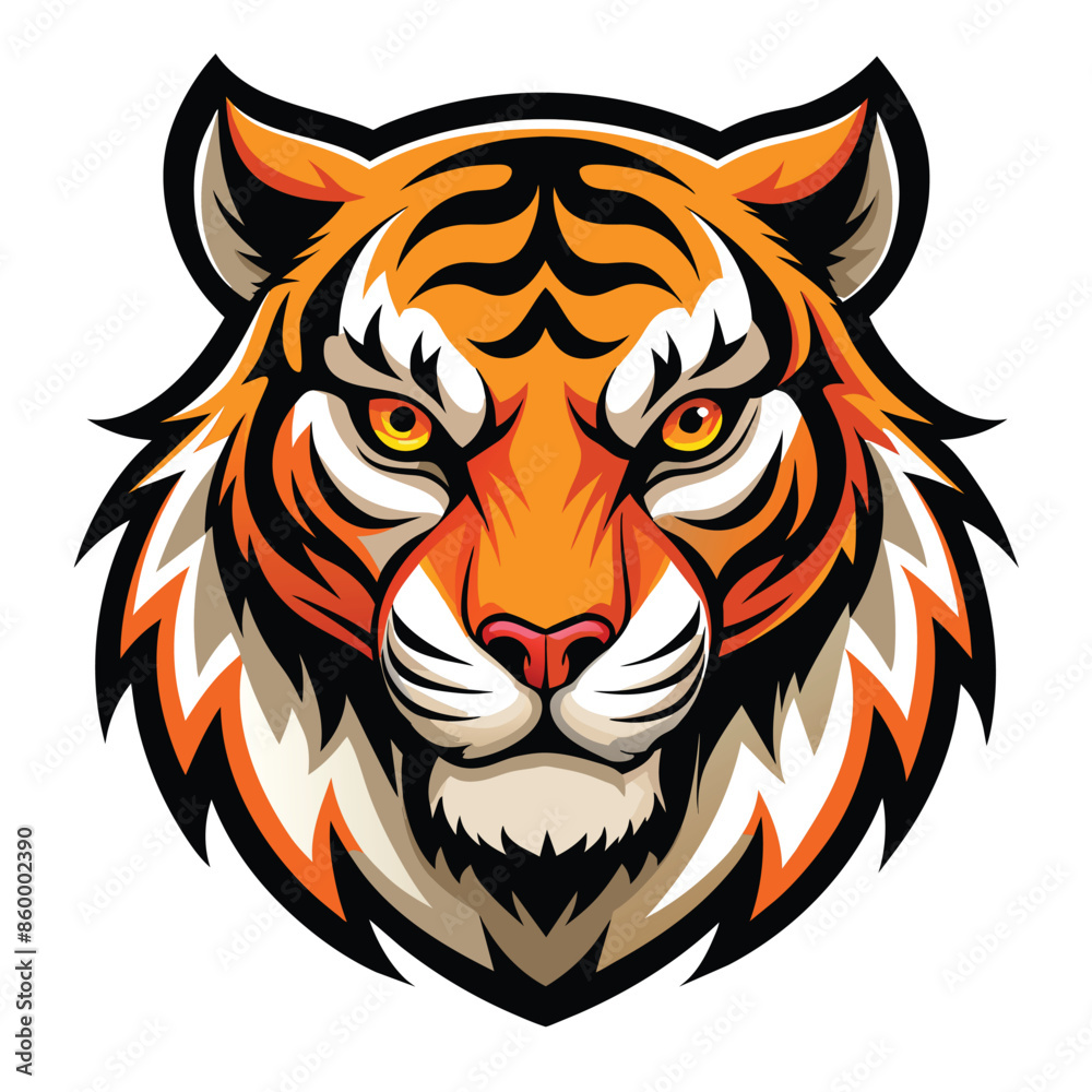 A close-up view of a powerful tiger face logo isolated on a white background. The tigers intense gaze and sharp stripes create a striking and memorable image A close-up view of a powerful tiger face logo isolated on a white background. The tigers intense gaze and sharp stripes create a striking and memorable image