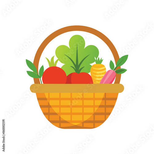 Flat logo design with a woven basket filled with fresh veggies: 2 red tomatoes, 1 yellow carrot, 1 pink radish, and a green leafy vegetable