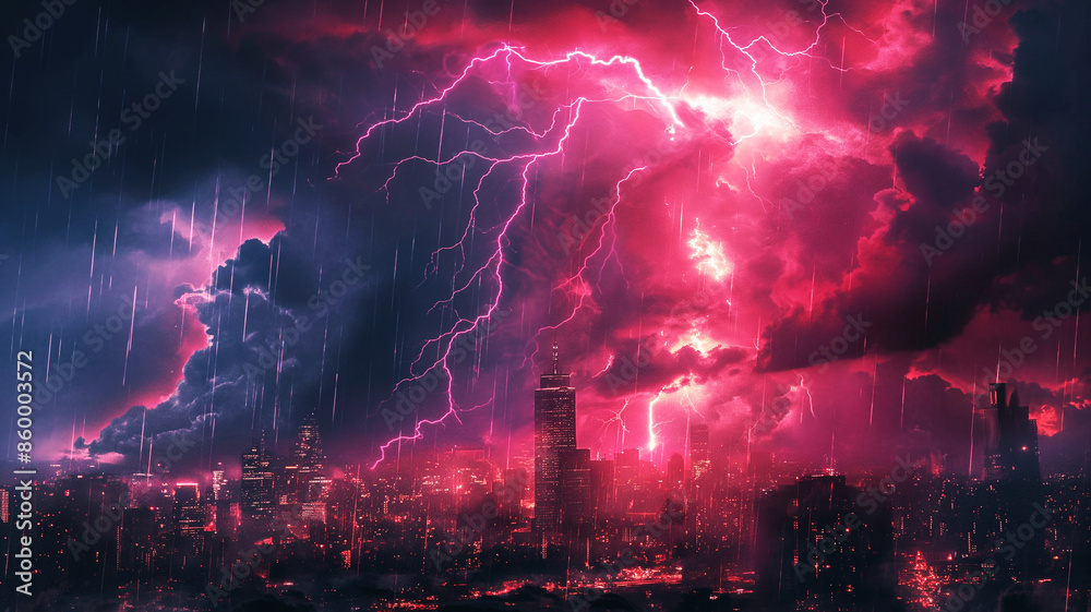 Fototapeta premium Red sky storm on city 