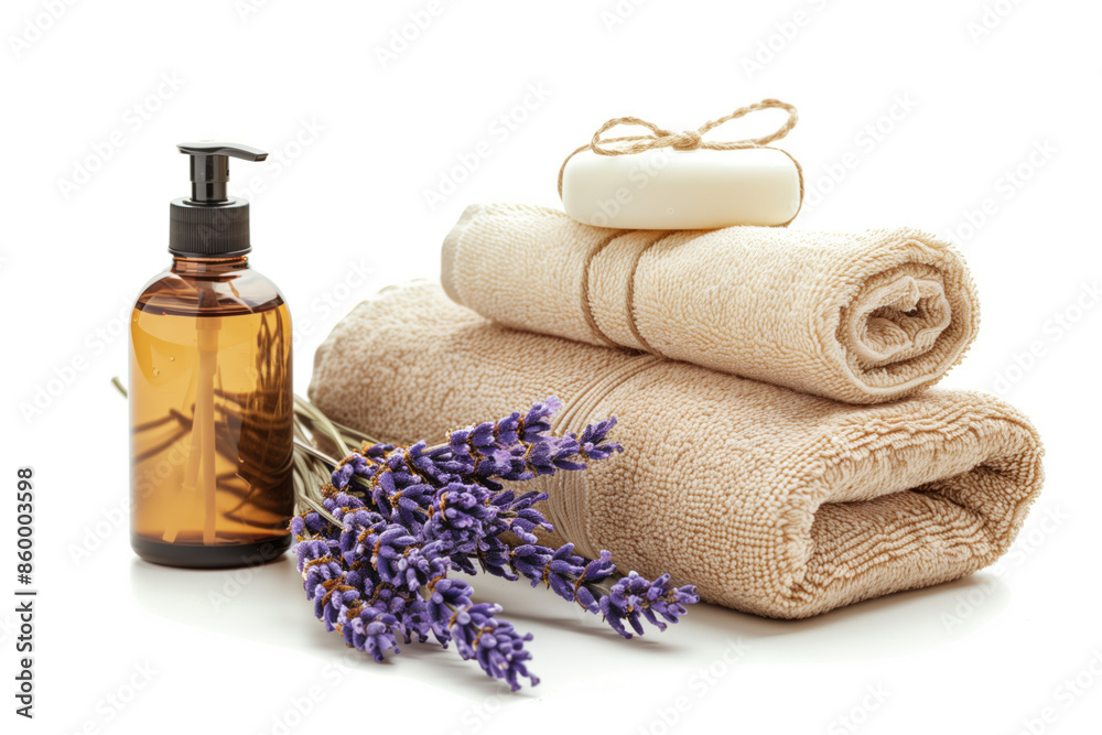 Spa product arrangement isolated on a white background. Created with Generative AI technology. Spa product arrangement isolated on a white background. Created with Generative AI technology.