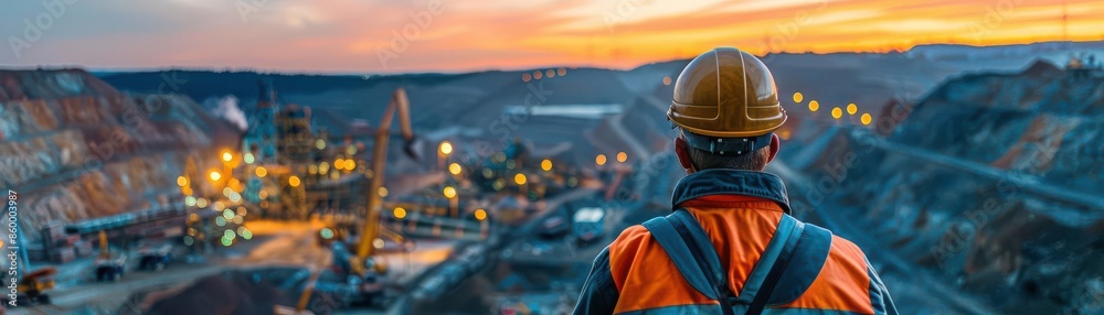 Obraz premium Engineer overseeing a large mining operation at sunset, wearing safety gear and helmet, industrial landscape with lights in the distance.