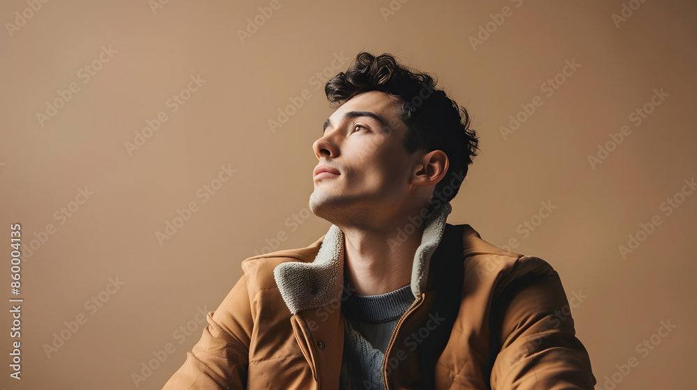 Obraz premium trendy man in stylish autumn outfit looking away while sitting on beige : Generative AI
