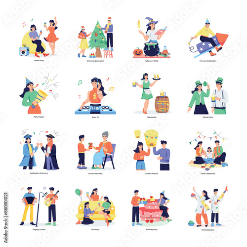 Handy Pack of 16 Party and Celebrations Flat Illustrations    © Prosymbols