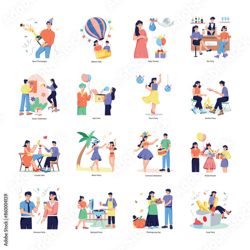 Set of Party and Festive Celebrations Flat Illustrations 

