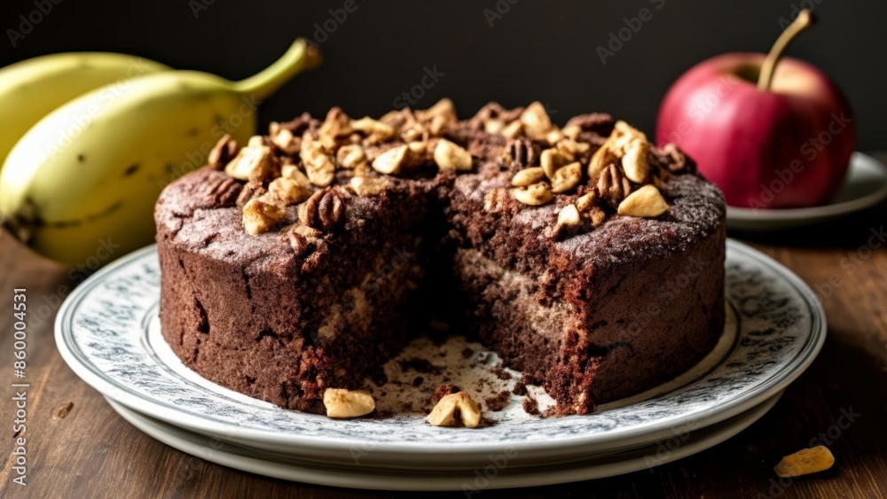Deliciously decadent chocolate cake with a tempting slice missing Deliciously decadent chocolate cake with a tempting slice missing