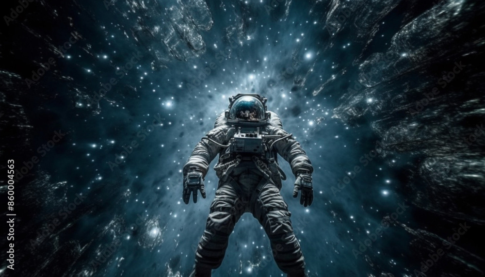 Futuristic men explore galaxy with armed robot army Futuristic men explore galaxy with armed robot army