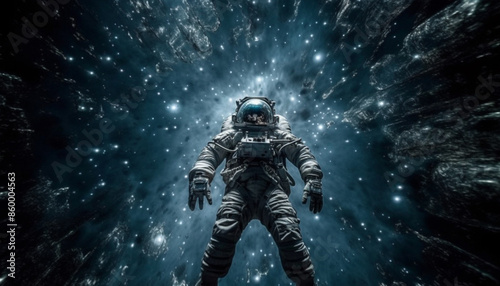 Futuristic men explore galaxy with armed robot army