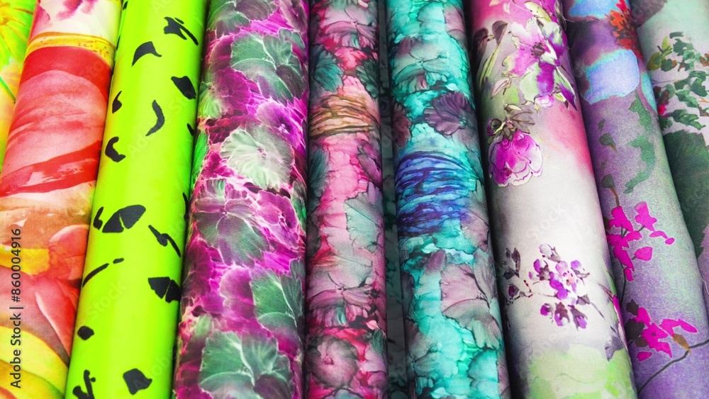 Row of colourful fabrics in a shop Row of colourful fabrics in a shop