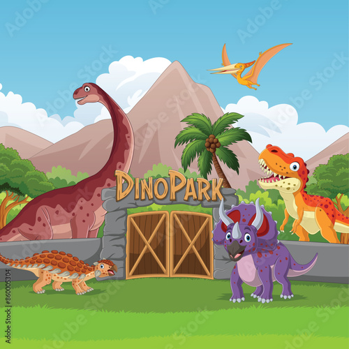 Cartoon dinosaur park with various dinosaur