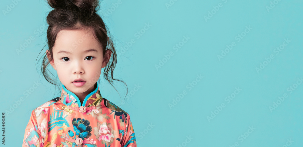 Cute asian little girl on blue background. Kids fashion concept. Cute asian little girl on blue background. Kids fashion concept.