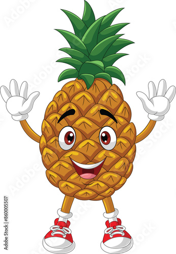 Cartoon happy pineapple waving hands