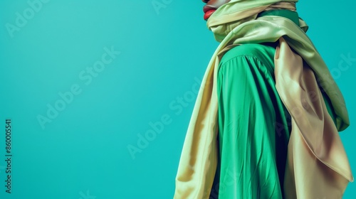 Vibrant Fashion Ensemble with Green Shirt, Beige Blouse, Red Nail Polish, and Copper Earring Against Blue Background