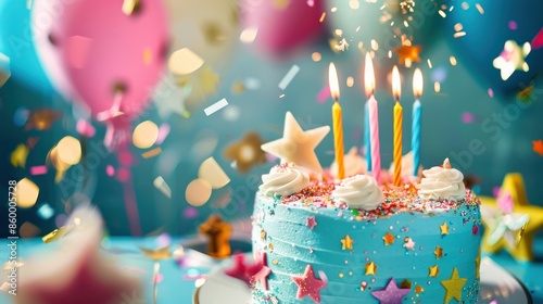 A blue birthday cake with lit candles sits amidst falling confetti and blurred balloons, capturing the festive spirit of a birthday celebration photo