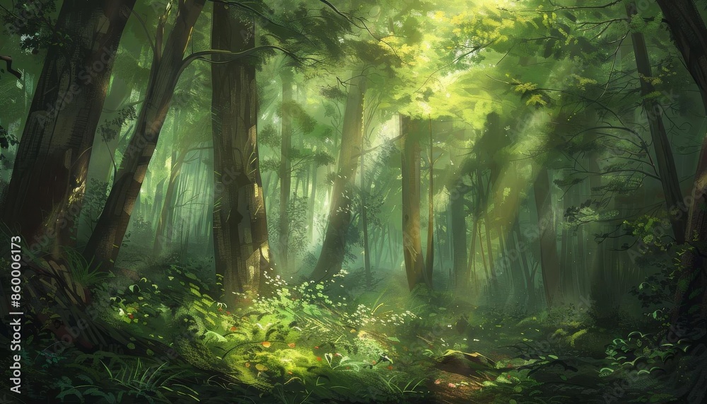 Obraz premium Sunlight filtering through a dense forest, creating a magical play of light and shadow on the forest floor.