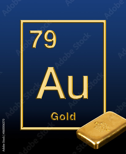 Εκτύπωση καμβά Cast gold bar and the chemical element gold from the periodic table, with Latin name aurum, symbol Au, and atomic number 79