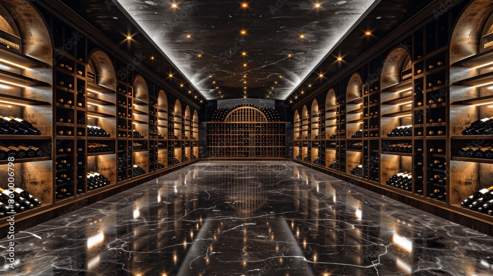 Fototapeta premium Luxurious Wine Cellar with Marble Floor and Shelves of Wine Bottles