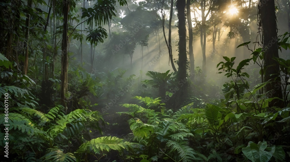 Misty morning forest landscape with sunlit reflection on river, trees, and green grass Misty morning forest landscape with sunlit reflection on river, trees, and green grass