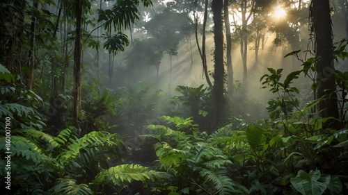 Misty morning forest landscape with sunlit reflection on river, trees, and green grass