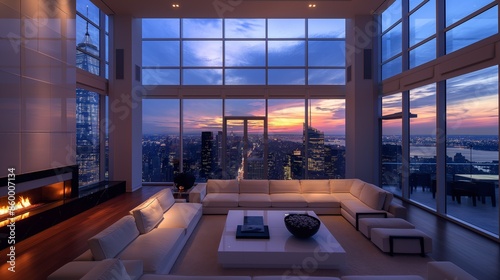 An ultra-wide shot of the living room in an empty luxury penthouse overlooking New York City, with large floor-to-ceiling glass walls on all sides, modern furniture and decor, a large white sofa