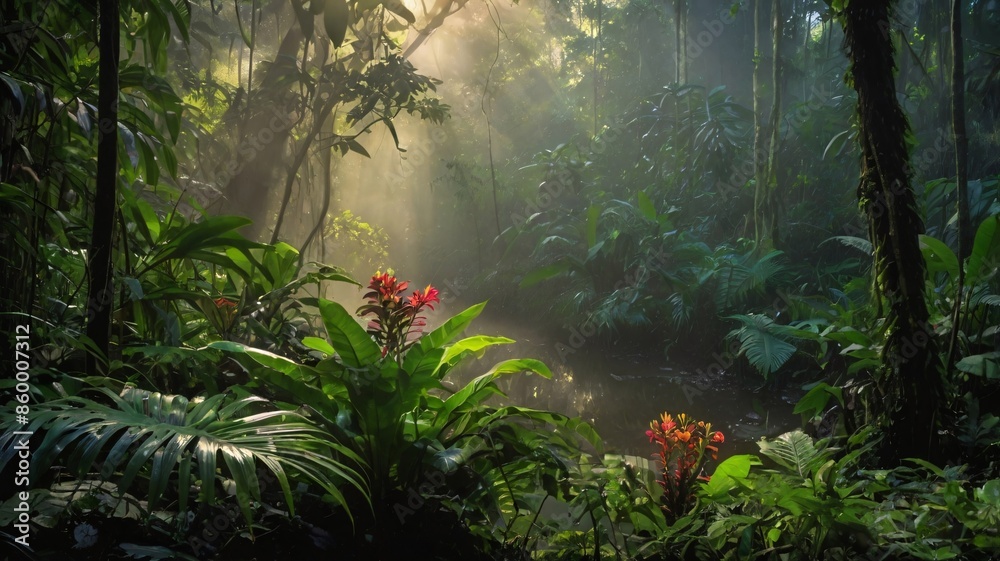 Obraz premium Sunlight filters through lush green foliage, casting long shadows on a winding path through a dense tropical forest