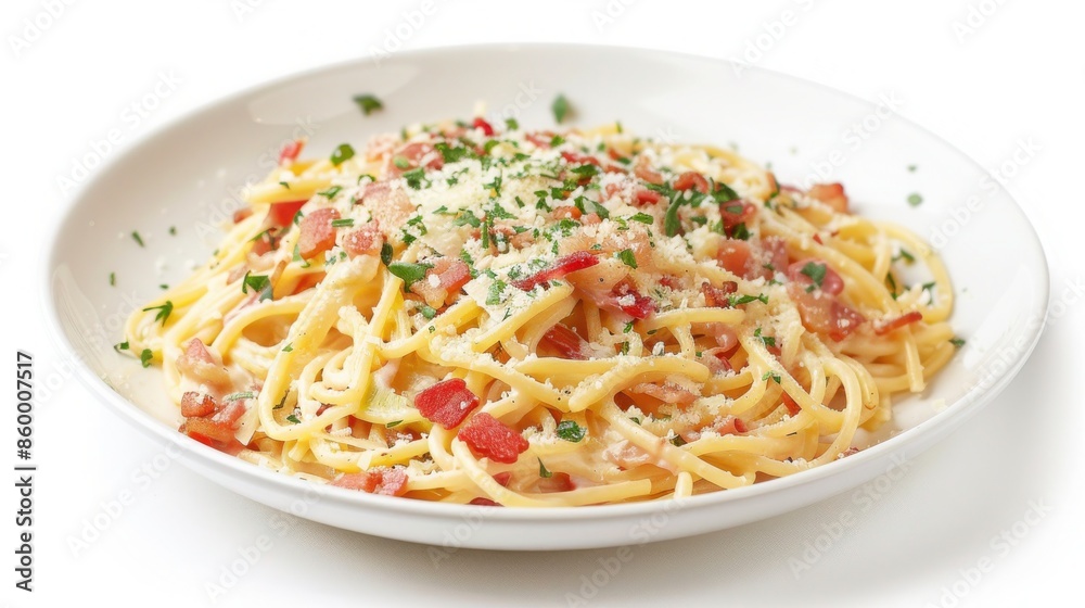 Delicious plate of spaghetti carbonara with bacon and cheese Delicious plate of spaghetti carbonara with bacon and cheese