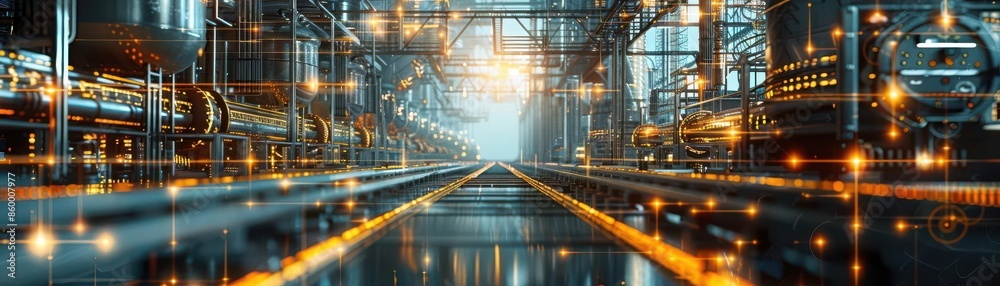 Futuristic industrial factory interior with advanced technology, glowing lights, and complex machinery, representing innovation and automation. Futuristic industrial factory interior with advanced technology, glowing lights, and complex machinery, representing innovation and automation.