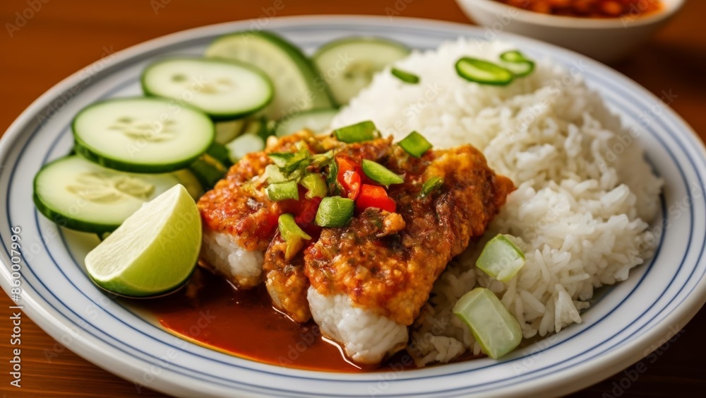 Delicious Asianinspired meal with fish rice and fresh vegetables Delicious Asianinspired meal with fish rice and fresh vegetables