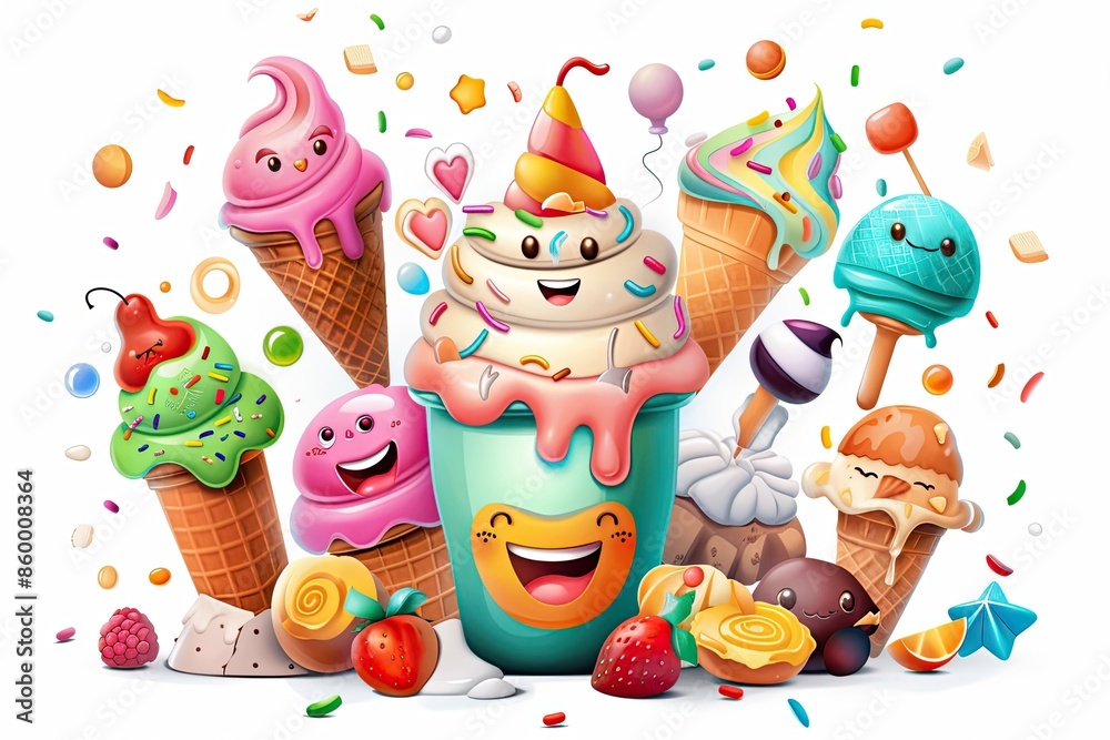 Whimsical cartoon of a cute ice cream maker with happy ice cream scoops, set on a white background, emphasizing a playful and inviting dessert-making environment, Whimsical cartoon of a cute ice cream maker with happy ice cream scoops, set on a white background, emphasizing a playful and inviting dessert-making environment,
