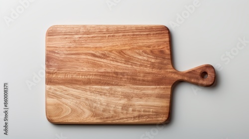 Flat lay of a simple wooden cutting board on a white background, emphasizing the natural wood finish and smooth surface, great for culinary visuals