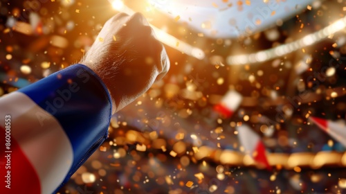 French supporters in a stadium, flags flying, faces full of joy and excitement, the intense atmosphere of a major sporting event, every detail vividly photorealistic © JP STUDIO LAB