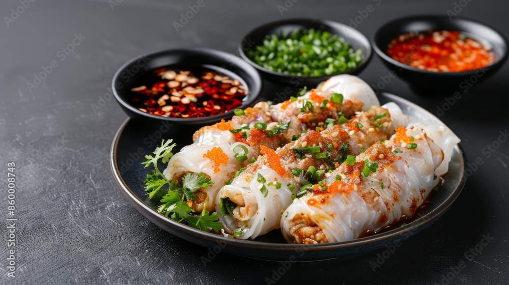 Goi cuon presented on a plate, isolated on a dark background, no blur, copy space on the right, stock photo photography style, highly detailed, intricate textures Goi cuon presented on a plate, isolated on a dark background, no blur, copy space on the right, stock photo photography style, highly detailed, intricate textures