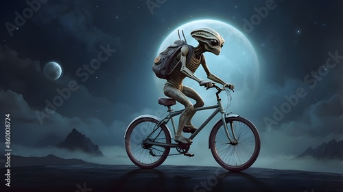 Drawing of an extraterrestrial riding a bicycle in PNG format