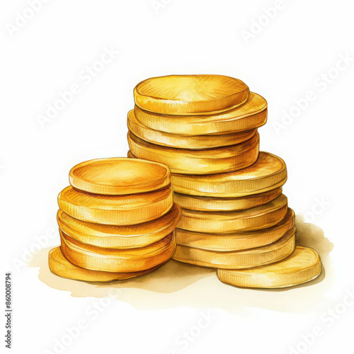 Stack of Golden Coins Illustrating Wealth and Prosperity in a Watercolor Style