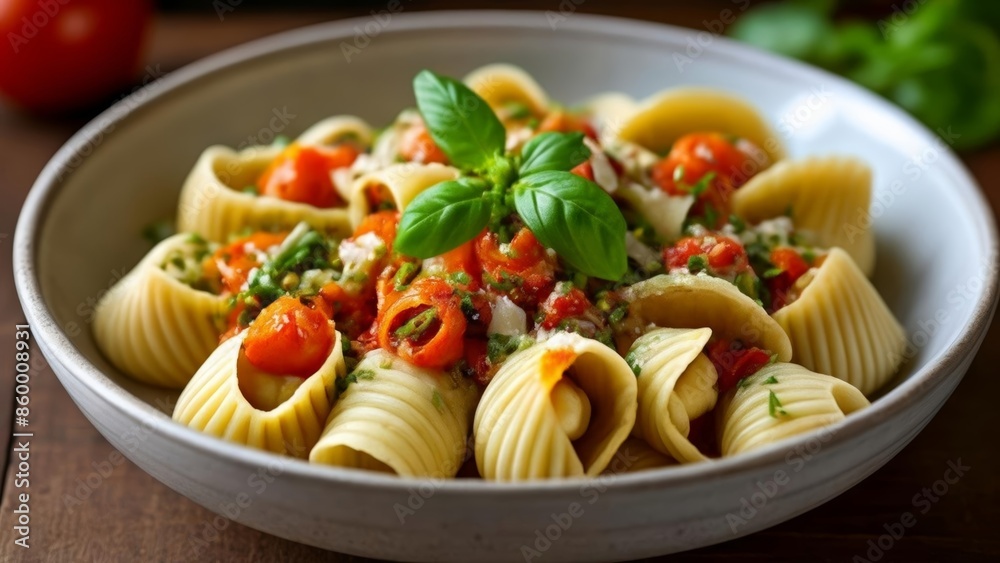 Delicious pasta dish with fresh herbs and tomatoes Delicious pasta dish with fresh herbs and tomatoes